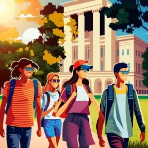Young adults walking outside an university campus confidently. They're happy about their career choice.